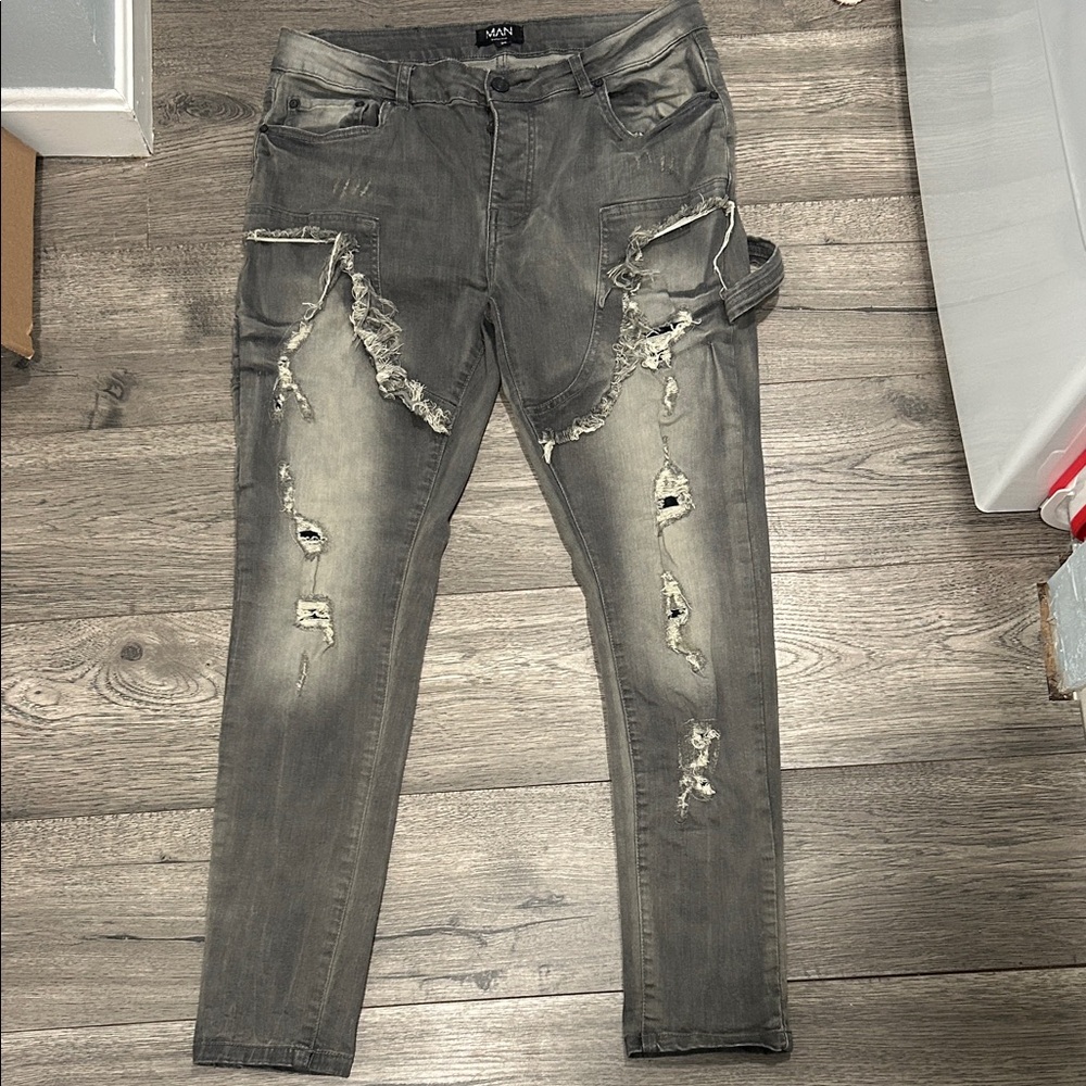 Boohoo Mens Charcoal Distressed Skinny Jeans